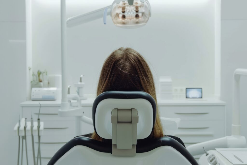White woman mouth open sitting on dentist chair electronics headrest hardware