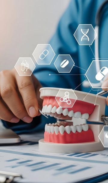 419618031 Dentist holding a dental model with medical icons